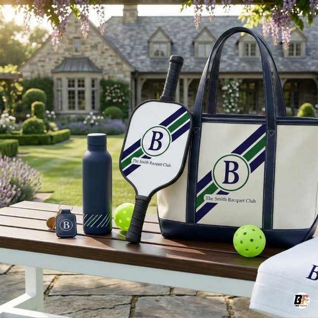 Raquette De Pickleball Préclassique Navy Vert Rayé Monogramme (Créateur téléchargé)