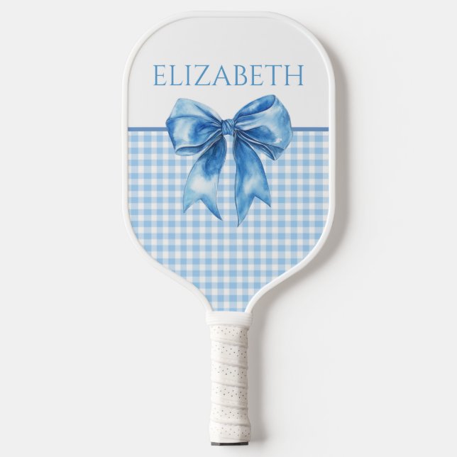 Raquette De Pickleball Préparé Bleu et Blanc Gingham et Nœud (Recto)