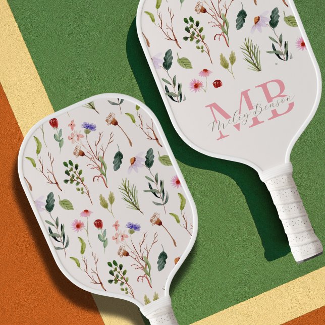 Raquette De Pickleball Preppy esthétique Fleur sauvage mignon Monogramme (Preppy gift - personalized floral wildflower pickleball paddle)