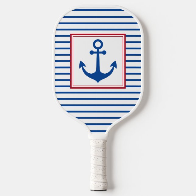 Raquette De Pickleball Preppy Nautical Stripes et Ancre Personnalisé (Recto)