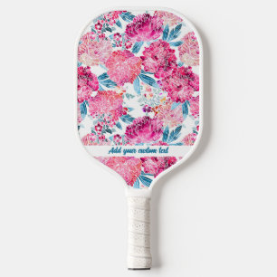 Raquette De Pickleball Pretty Pink Watercolor Flower Pattern Custom Text
