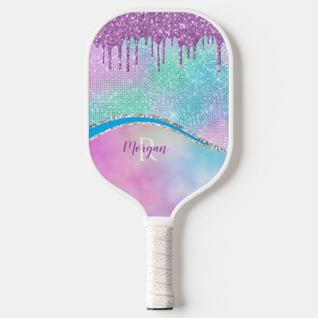 Raquette De Pickleball Purple Iridescente & Parties scintillant, nom et m (Recto)