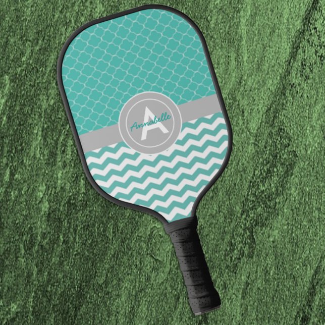Raquette De Pickleball Quatrefoil turquoise Grey Chevron (Créateur téléchargé)