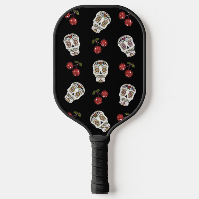 Raquette De Pickleball RAB Rockabilly Skuls de sucre et cerises sur Noir (Recto)