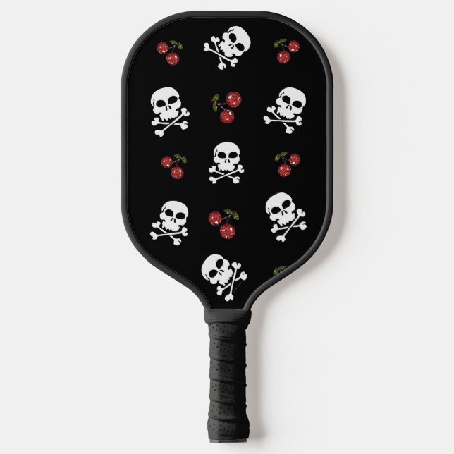 Raquette De Pickleball RAB Rockabilly Skuls et Cerises sur Noir (Recto)