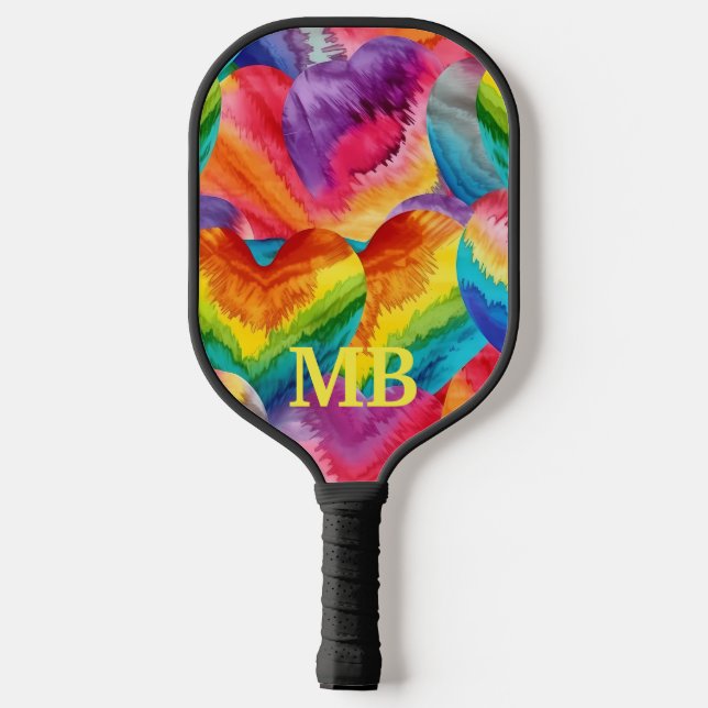 Raquette De Pickleball Rainbow Tie Dye Hearts Monogramme (Verso)