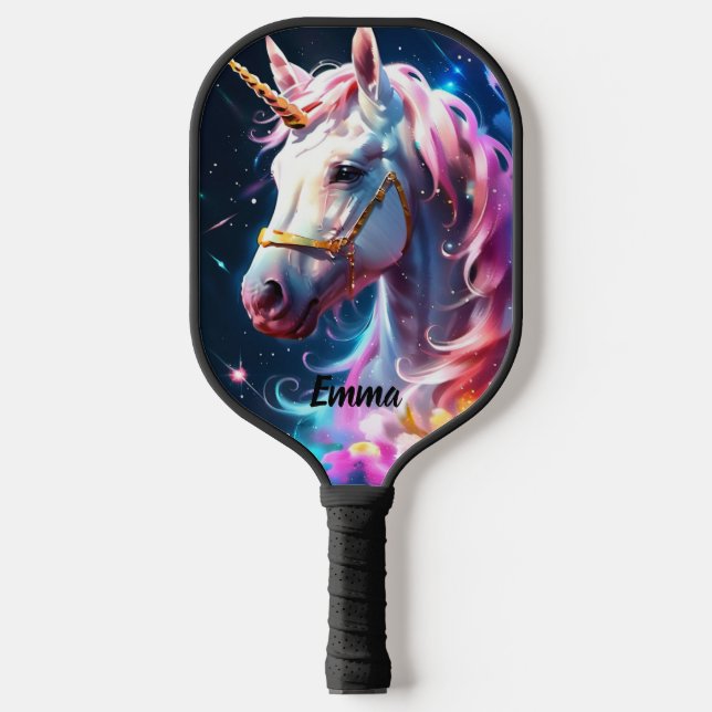 Raquette De Pickleball Rainbow Unicorn Head Nom personnalisé Texte (Recto)