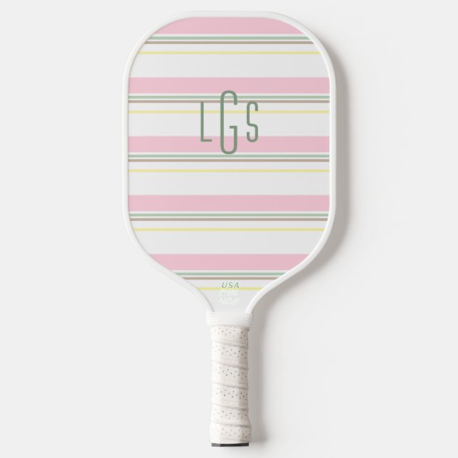 Raquette De Pickleball Rayé Rose Jaune Vert Blanc Marron Clair Monogramme (Recto)