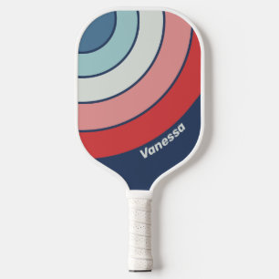 Raquette De Pickleball Rayure Cercle Bleu Nautique Vintage avec Nom