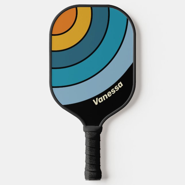 Raquette De Pickleball Rayure de cercle arc-en-ciel noir avec nom (Recto)