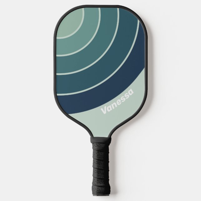 Raquette De Pickleball Rayure de cercle nostalgique Ocean Green avec nom (Recto)