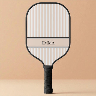 Raquette De Pickleball Rayures Beige Modernes Élégant Nom Personnalisé No