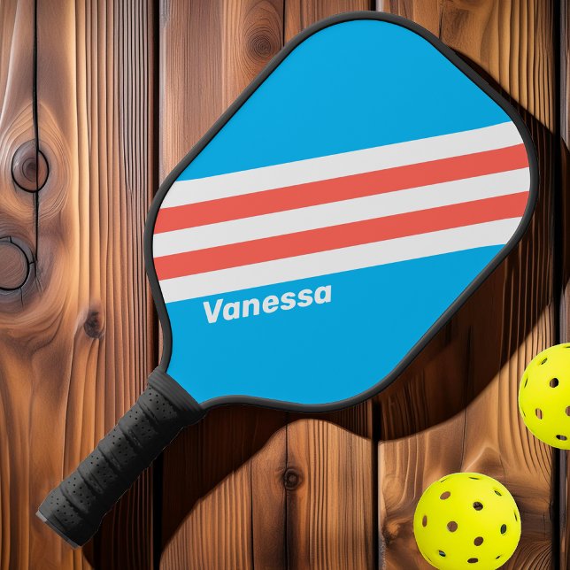 Raquette De Pickleball Rayures Bleu Ciel Rétro avec Nom (Créateur téléchargé)