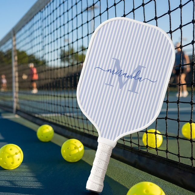 Raquette De Pickleball Rayures bleues monogramme nom (Créateur téléchargé)