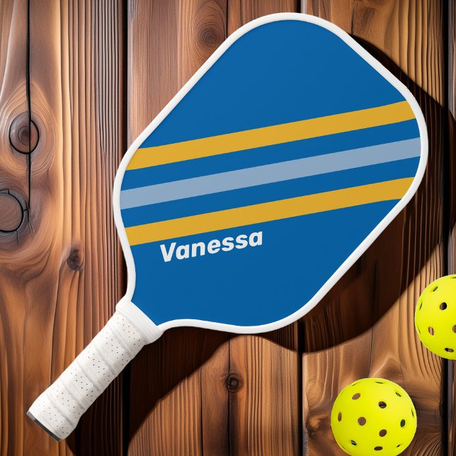 Raquette De Pickleball Rayures de bord de mer avec nom (Créateur téléchargé)