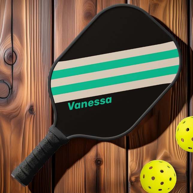 Raquette De Pickleball Rayures de menthe minuit rétro avec nom (Créateur téléchargé)