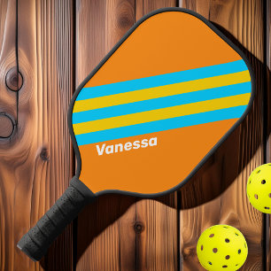 Raquette De Pickleball Rayures de plage estivales rétro avec nom