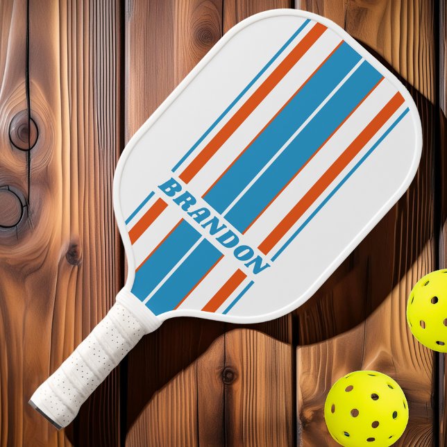 Raquette De Pickleball Rayures de planche nostalgiques d'été avec nom (Créateur téléchargé)
