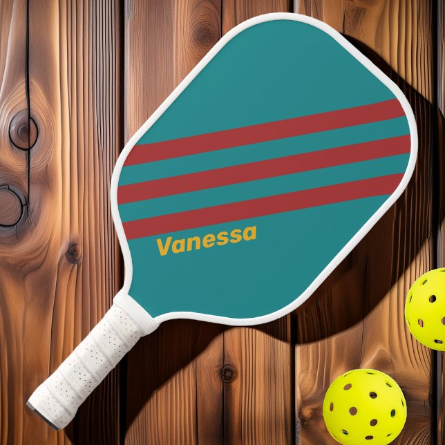 Raquette De Pickleball Rayures de récif rubis avec nom (Créateur téléchargé)