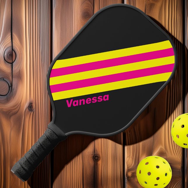 Raquette De Pickleball Rayures de soleil rétro avec nom (Créateur téléchargé)