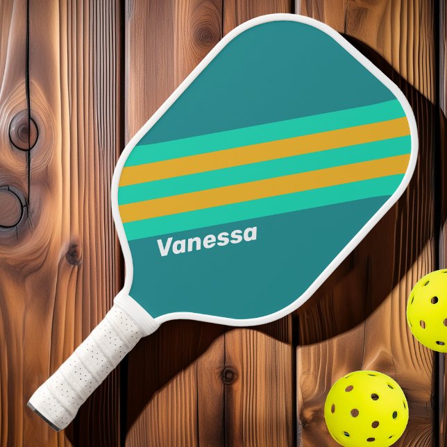 Raquette De Pickleball Rayures des mers ensoleillées avec nom (Créateur téléchargé)