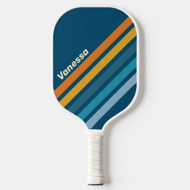 Raquette De Pickleball Rayures en angle avec nom sous soleil bleu (Recto)