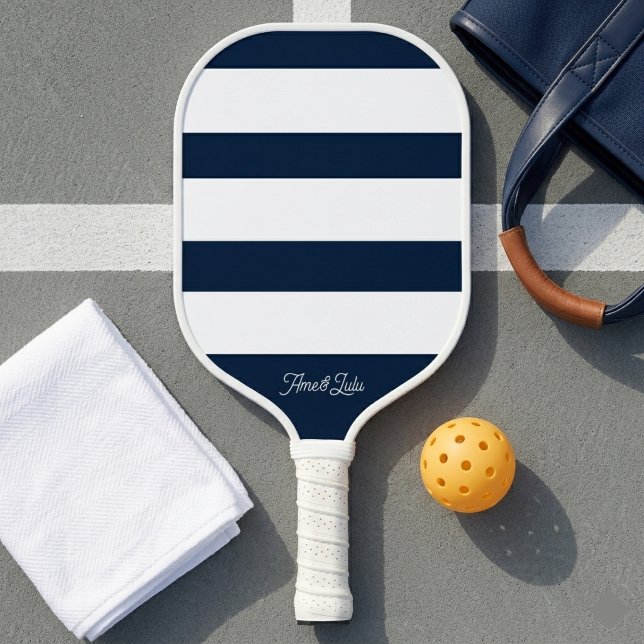 Raquette De Pickleball Rayures Horizontales Bleu Marine et Blanc (Créateur téléchargé)