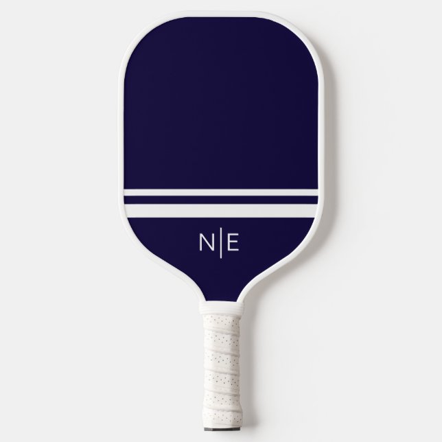 Raquette De Pickleball Rayures Modernes Monogramme Bleu Nuit Blanc  (Recto)