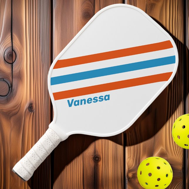 Raquette De Pickleball Rayures Nostalgiques d'Été avec Nom (Créateur téléchargé)