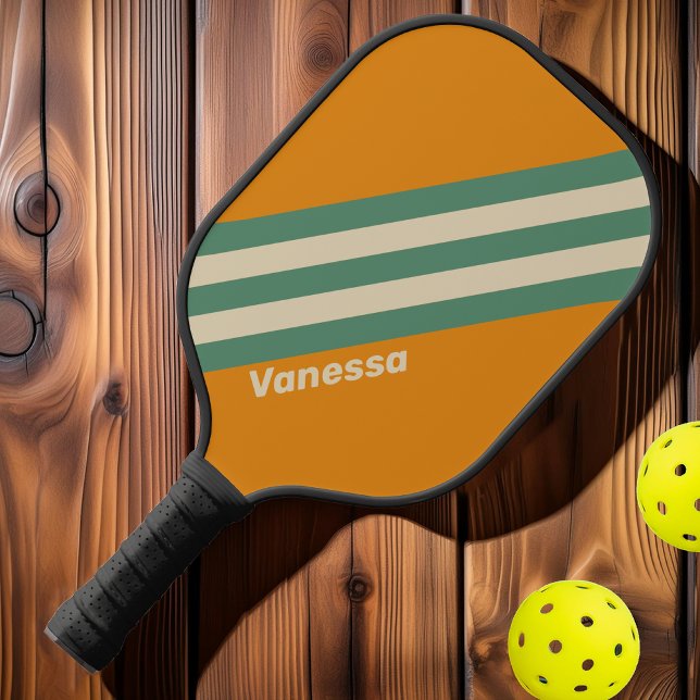 Raquette De Pickleball Rayures Orange Rétro avec Nom (Créateur téléchargé)
