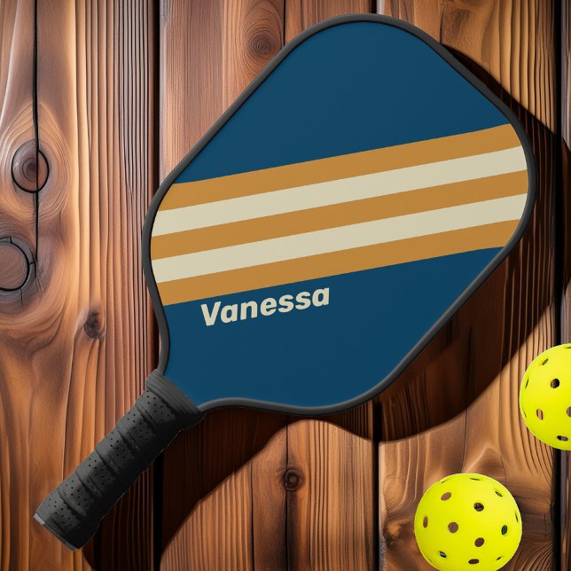 Raquette De Pickleball Rayures rétro bleues ondulées avec nom (Créateur téléchargé)