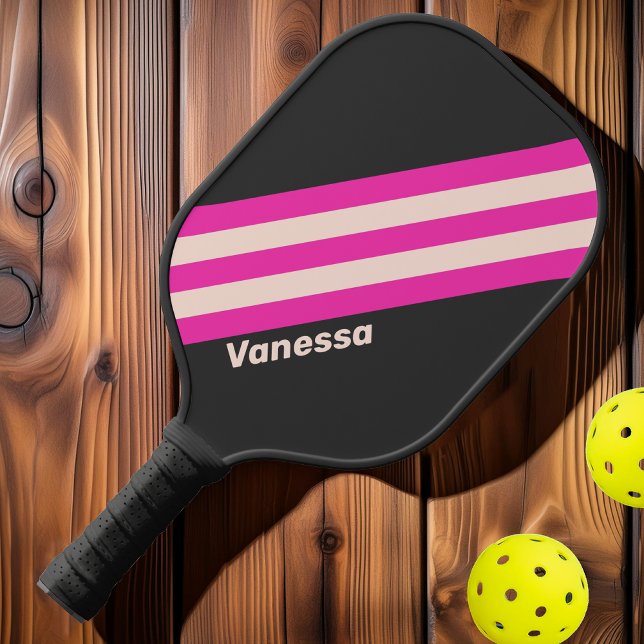 Raquette De Pickleball Rayures Rétro Bubble Gum avec Nom (Créateur téléchargé)