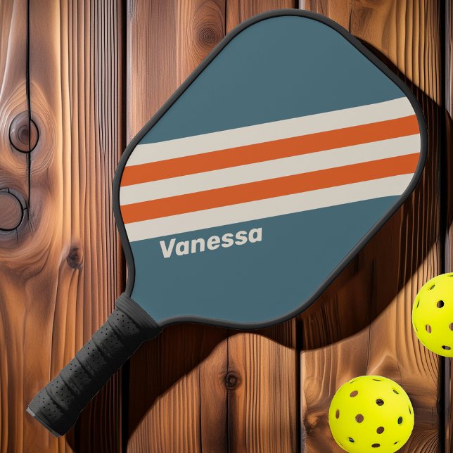 Raquette De Pickleball Rayures Rétro de Surfside avec Nom (Créateur téléchargé)