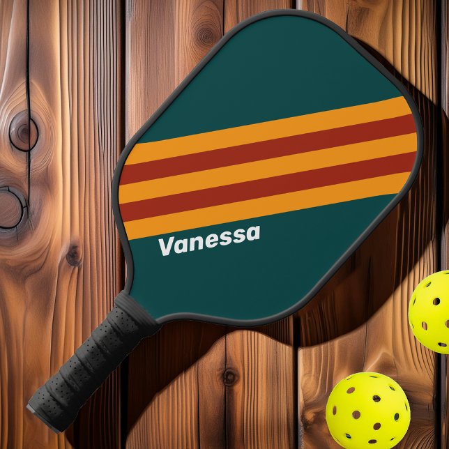 Raquette De Pickleball Rayures Splash sarcelle foncé rétro avec nom (Créateur téléchargé)
