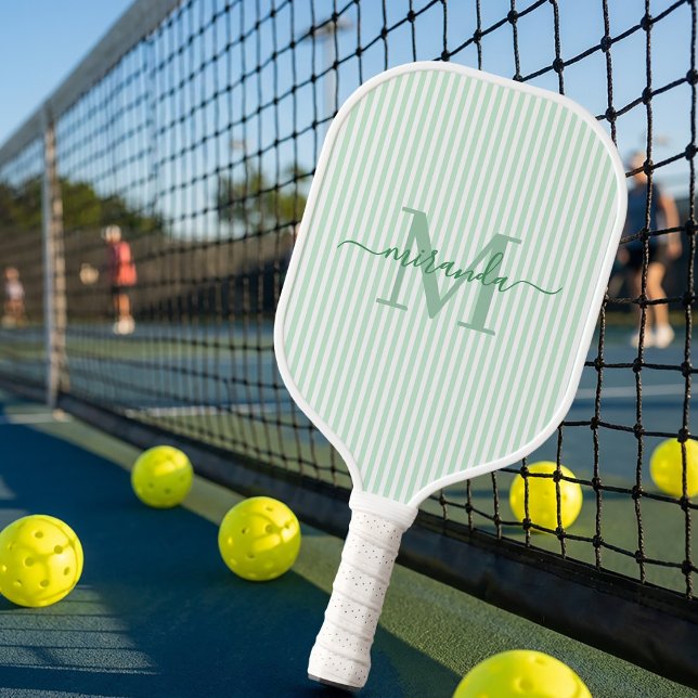 Raquette De Pickleball Rayures Vertes Monogramme Nom (Créateur téléchargé)