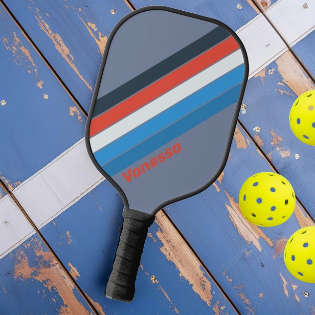 Raquette De Pickleball Rayures Vintage Foncé avec Nom (Créateur téléchargé)