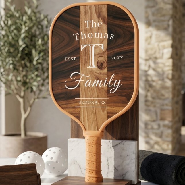 Raquette De Pickleball Rétro Bois Foncé Rayé Monogrammé Moderne (Créateur téléchargé)
