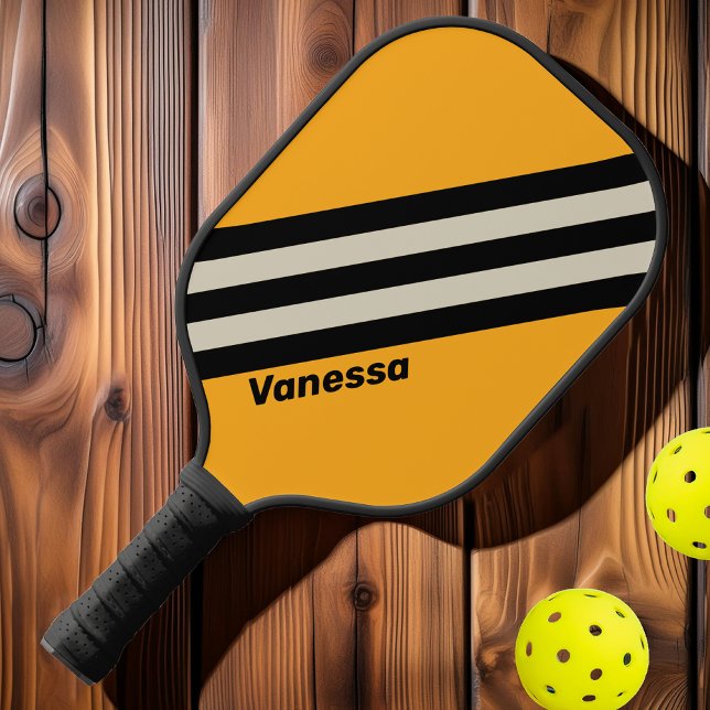 Raquette De Pickleball Rétro Bumblebee Rayures Buzz avec nom (Créateur téléchargé)