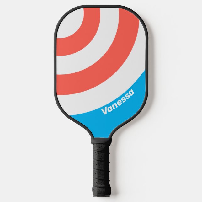 Raquette De Pickleball Rétro Cercle Rayé Bleu Ciel Clair avec Nom (Recto)