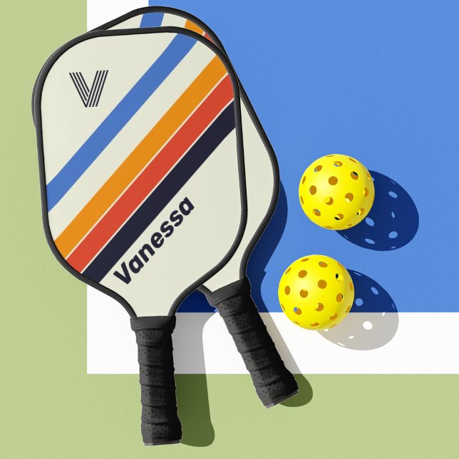 Raquette De Pickleball Rétro cinq Rayé avec Initiale et Nom (Créateur téléchargé)