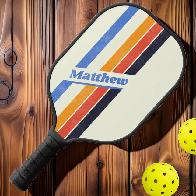 Raquette De Pickleball Rétro Distressed cinq Rayures avec Nom (Créateur téléchargé)