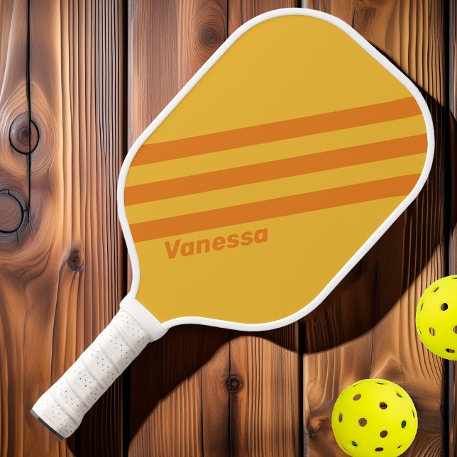 Raquette De Pickleball Rétro Orange Groove Trois bandes avec nom (Créateur téléchargé)