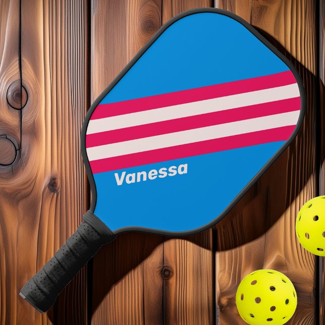 Raquette De Pickleball Rétro Rayures Blue Crush avec Nom (Créateur téléchargé)