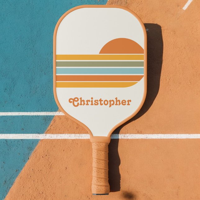 Raquette De Pickleball Retro Style Sunrise Pastel Rainbow nom de script (Créateur téléchargé)