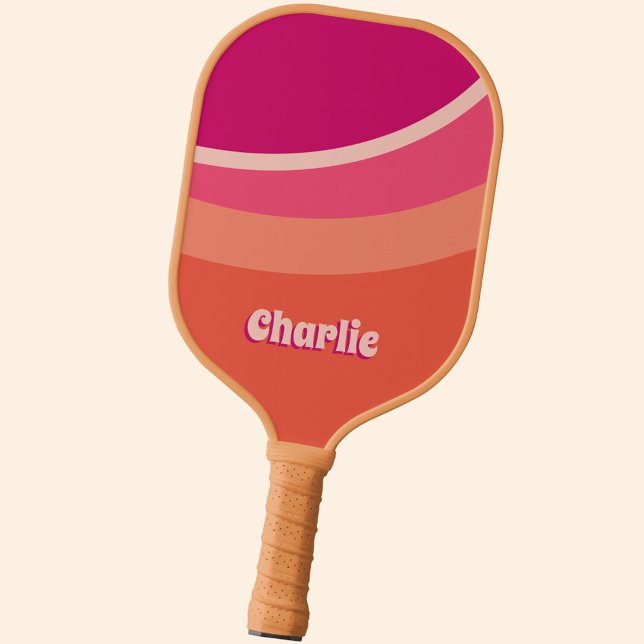 Raquette De Pickleball Rétro Super rose orange Abstrait personnalisé (Retro groovy abstract personalized custom name pickleball paddle in pink and orange)