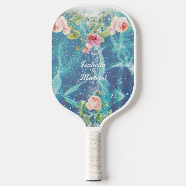 Raquette De Pickleball Romantique bleu customisé noms de couple picklebal (Recto)
