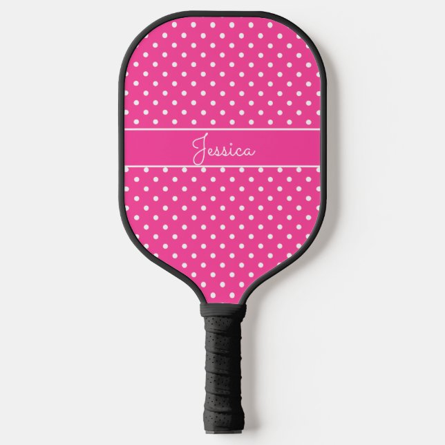 Raquette De Pickleball Rose Chaud à pois avec nom (Recto)