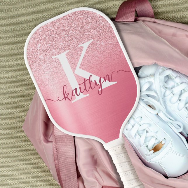 Raquette De Pickleball Rose Chic Parties scintillant or Monogramme Nom du (Créateur téléchargé)
