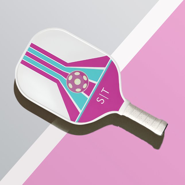 Raquette De Pickleball Rose et Bleu | Monogramme Moderne  (Créateur téléchargé)