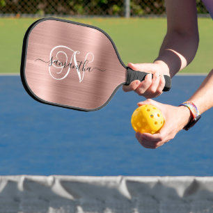 Raquette De Pickleball Rose Gold Faux Foil Monogramme Bouclée